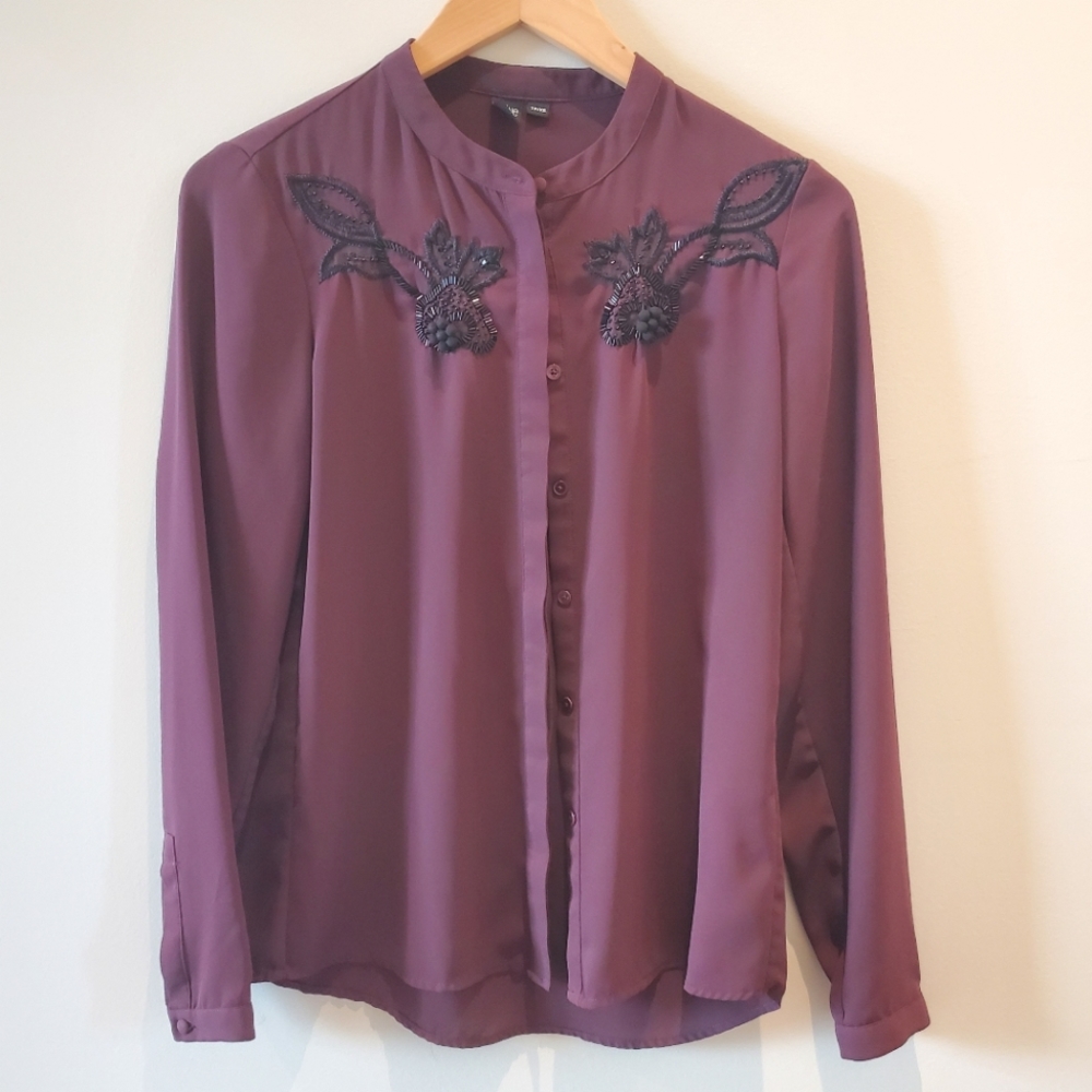 Icone (Simons) Sheer Burgundy Button Up Shirt with Black Beading (XS)